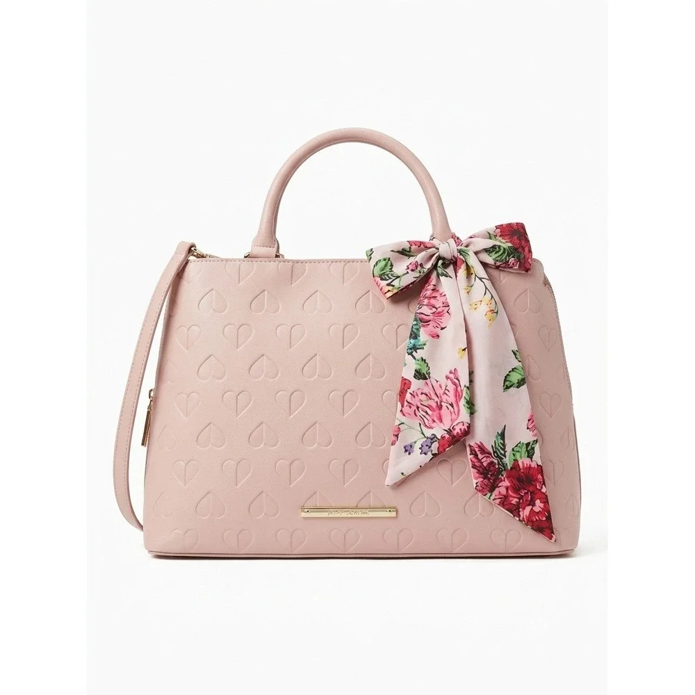 Betsey Johnson Pink Embossed Heart Satchel Handbag Floral Scarf Crossbody Bag